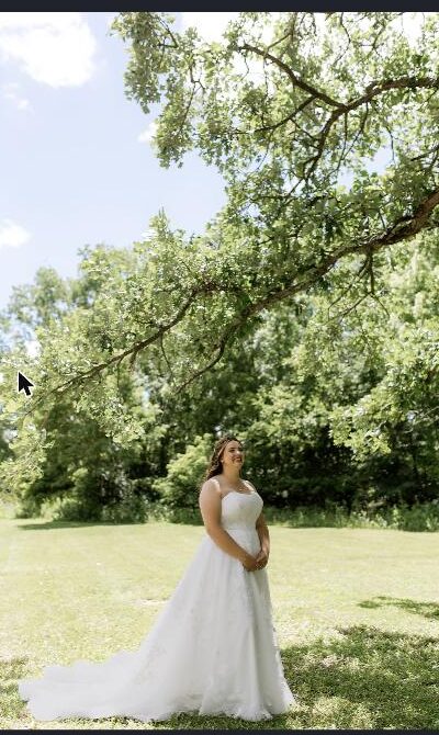 Bride in a ballgown wedding dress posing under an oak tree at a Wisconsin wedding